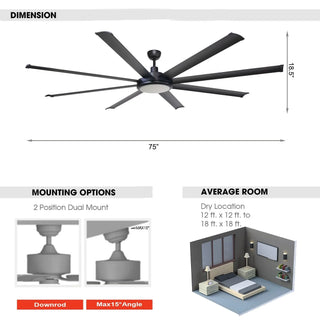 75" Industrial DC Motor Downrod Mount Reversible Ceiling Fan with Lighting and Remote Control - Vaczon