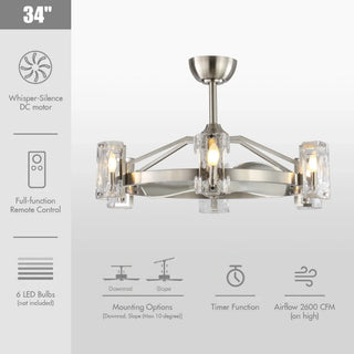 34" Bucholz Modern DC Motor Brushed Nickel Downrod Mount Reversible Ceiling Fan with LED Lighting and Remote Control - Vaczon