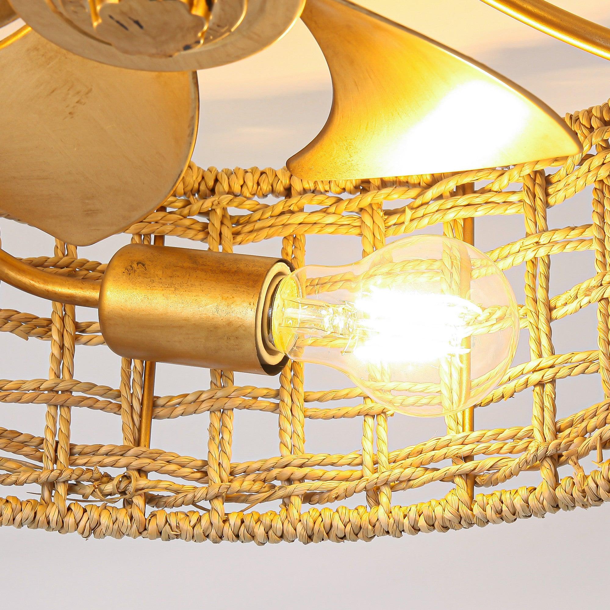 18 Inch Golden Farmhouse Rattan Flush Mount Ceiling Fan with Light APP and Remote Control