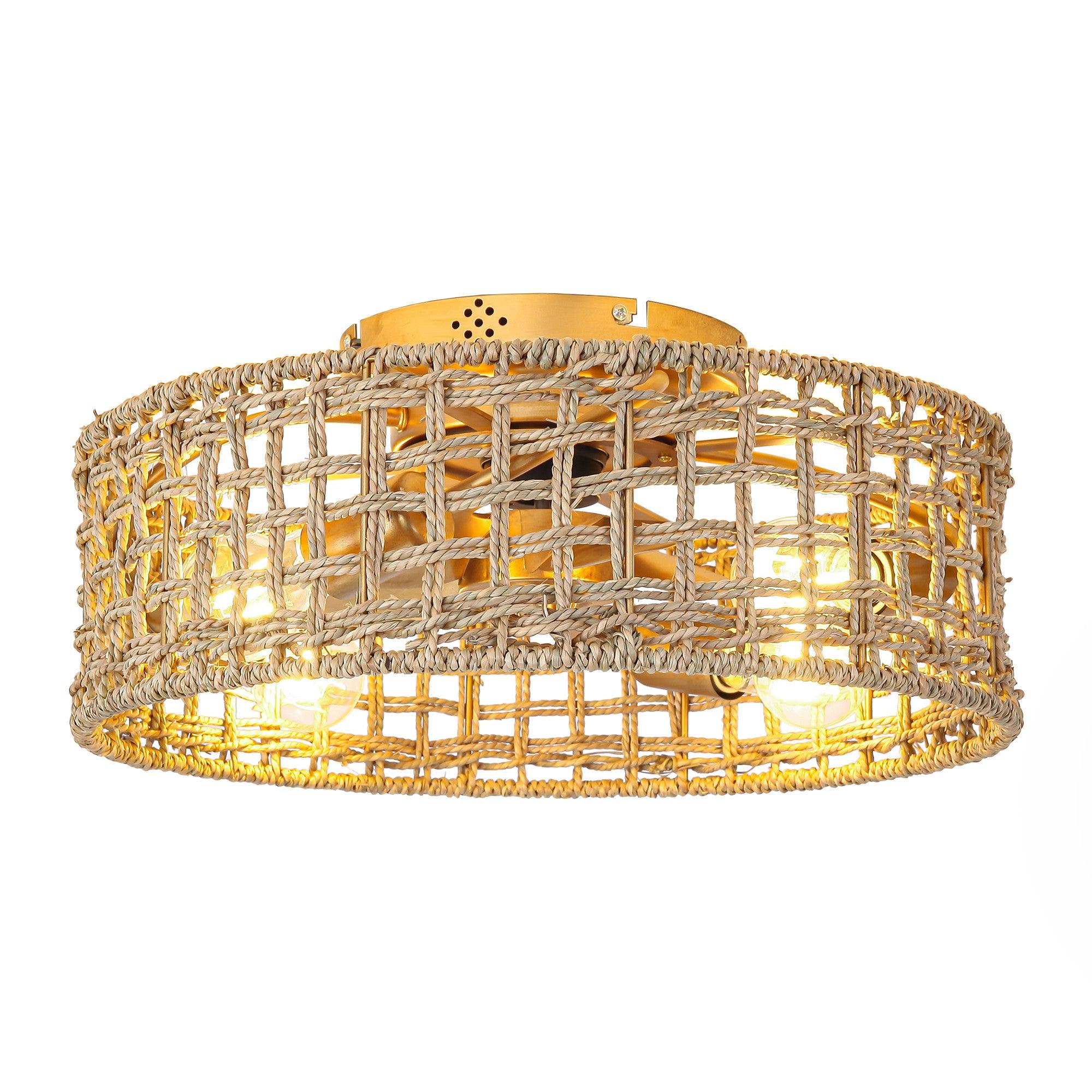 18 Inch Golden Farmhouse Rattan Flush Mount Ceiling Fan with Light APP and Remote Control