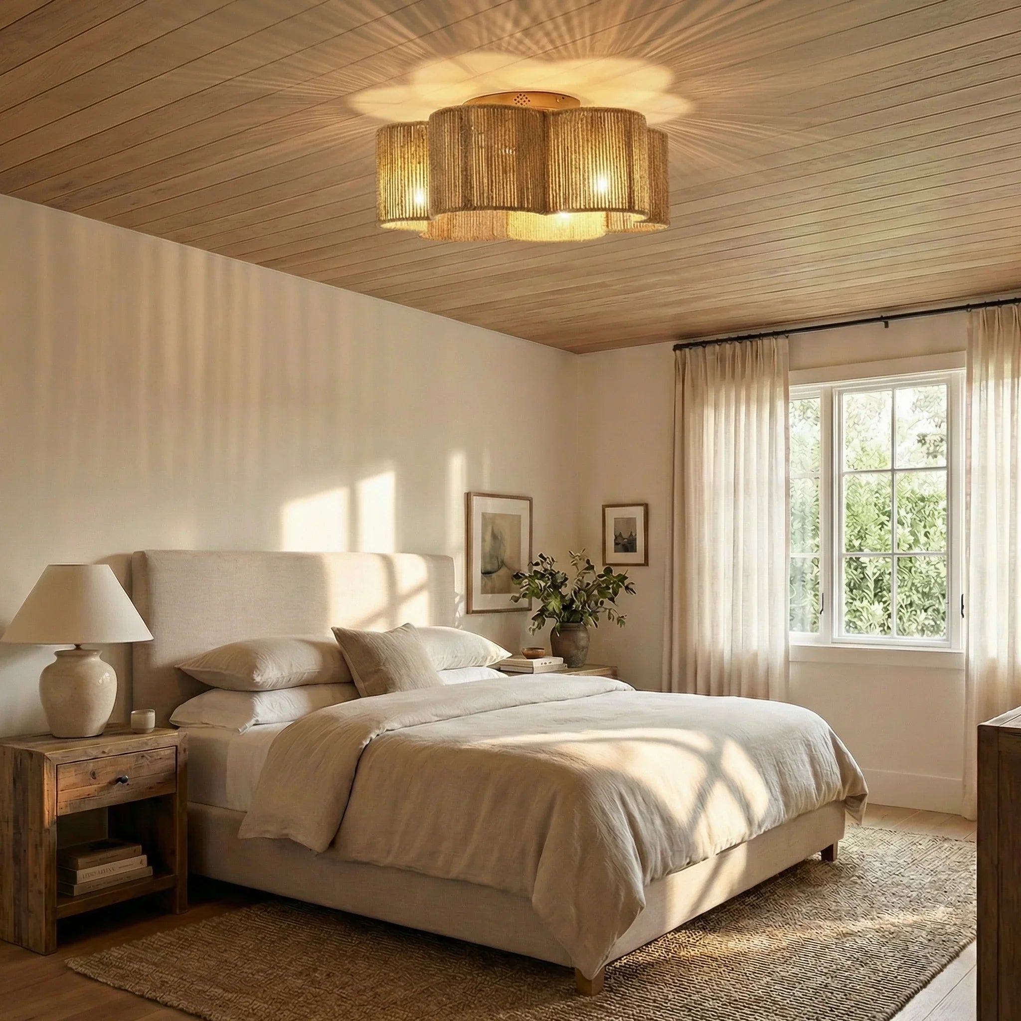 21 Inch Golden Flower-shape Farmhouse Rattan Flush Mount Ceiling Fan with Light APP and Remote Control - Vaczon