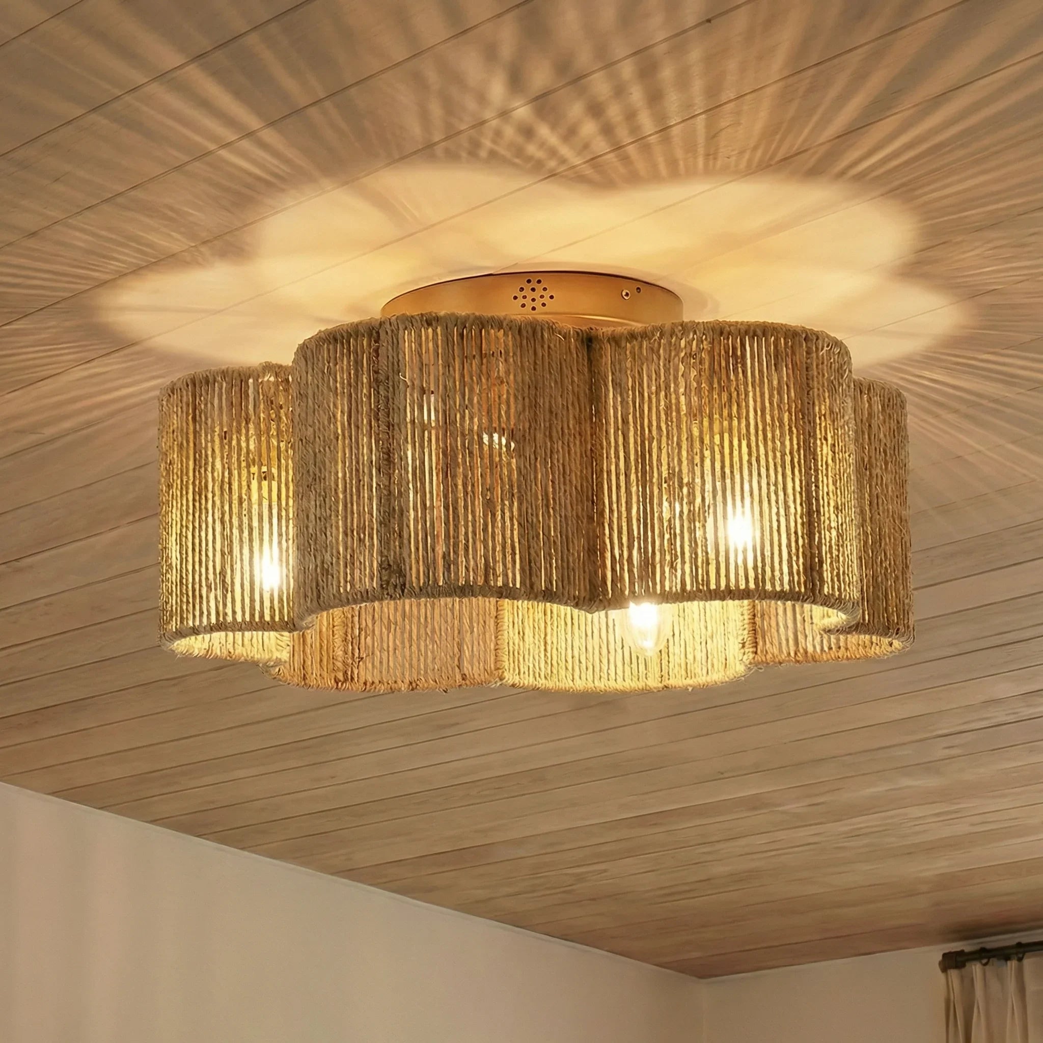 21 Inch Golden Flower-shape Farmhouse Rattan Flush Mount Ceiling Fan with Light APP and Remote Control - Vaczon