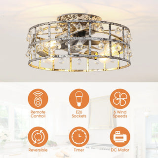 18 Inch Retro Silver Crystal Flush Mount Ceiling Fan with APP Remote Control and Lighting - Vaczon
