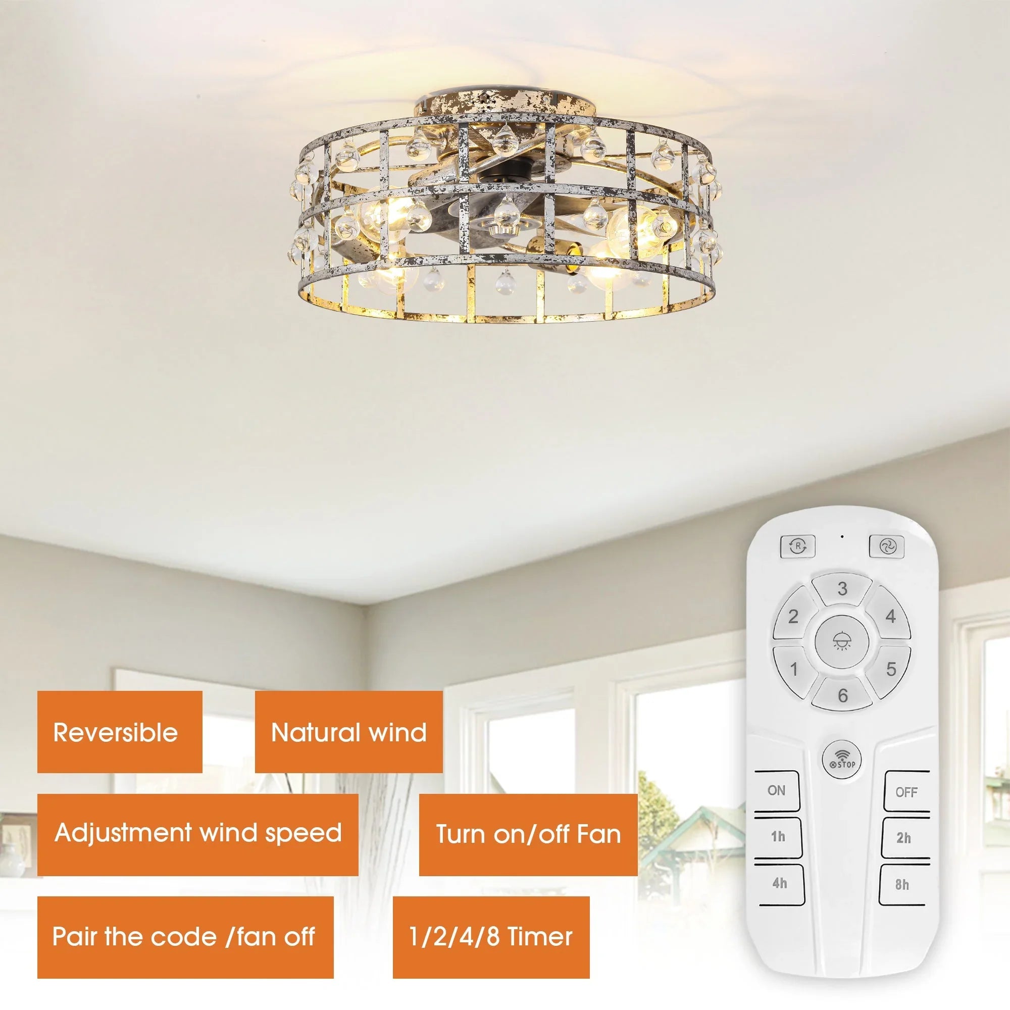 18 Inch Retro Silver Crystal Flush Mount Ceiling Fan with APP Remote Control and Lighting - Vaczon