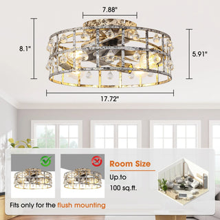 18 Inch Retro Silver Crystal Flush Mount Ceiling Fan with APP Remote Control and Lighting - Vaczon