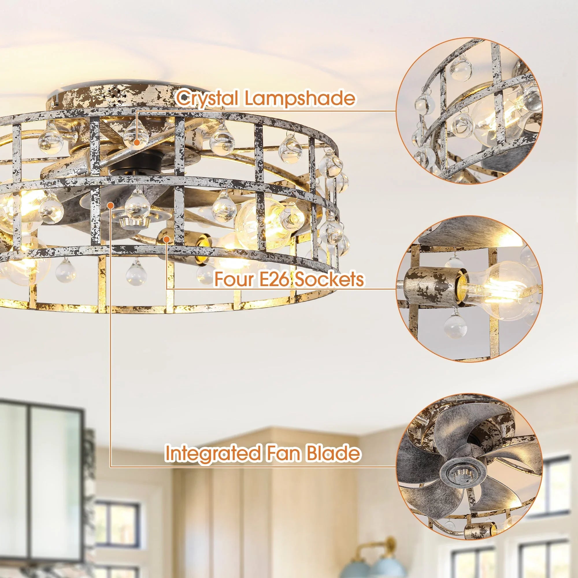18 Inch Retro Silver Crystal Flush Mount Ceiling Fan with APP Remote Control and Lighting - Vaczon
