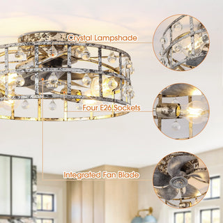 18 Inch Retro Silver Crystal Flush Mount Ceiling Fan with APP Remote Control and Lighting - Vaczon