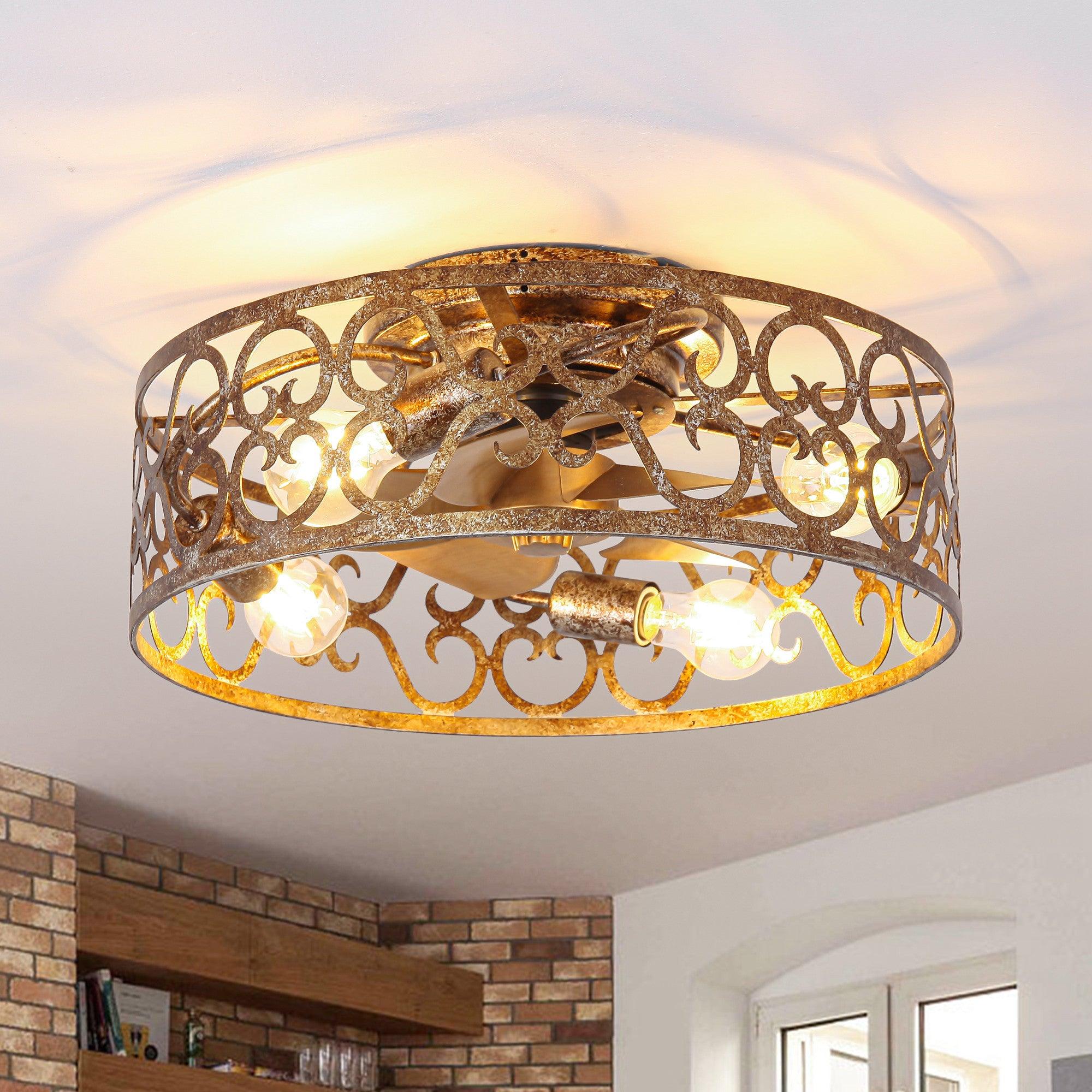 18 Inch Golden Industrial Flush Mount Ceiling Fan with Light APP and Remote Control