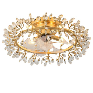 23" Clara Golden Crystal Flush Mount Ceiling Fan with Light and Remote - Vaczon