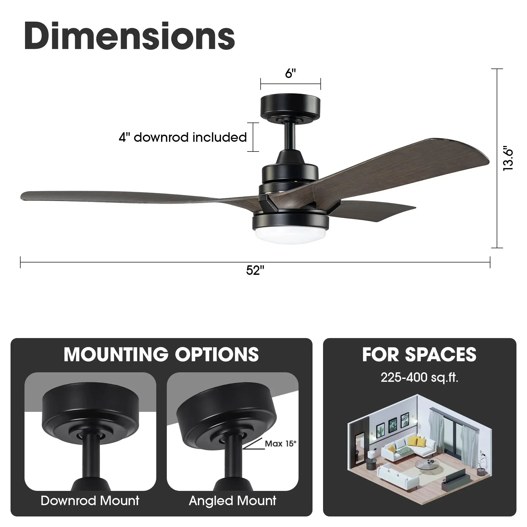 52 Inch Industrial Downrod Mount LED Ceiling Fan with Remote Control
