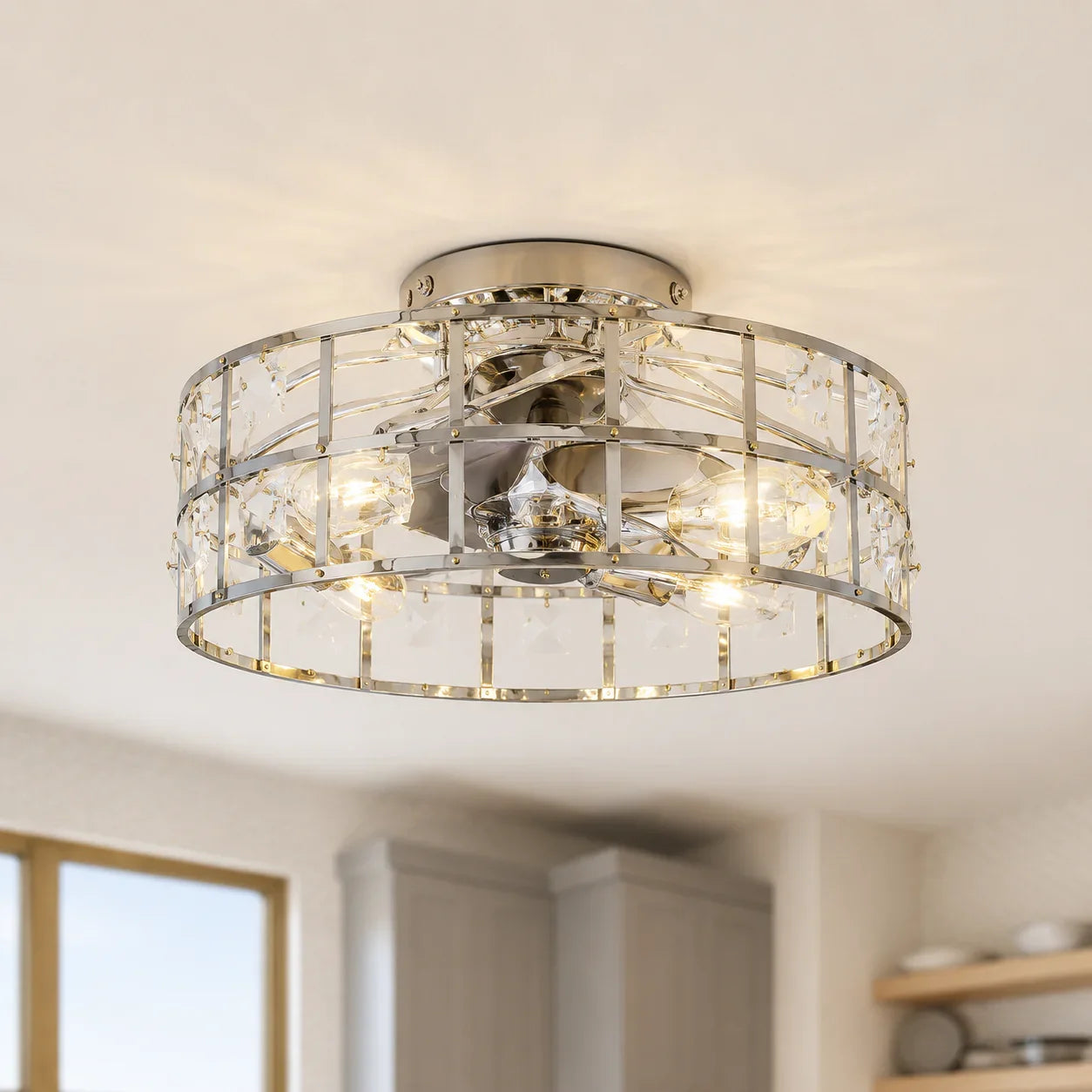 18 Inch Retro Silver Crystal Flush Mount Smart Ceiling Fan with Lighting