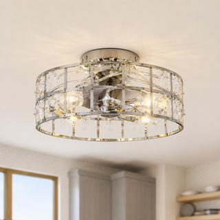 18 Inch Retro Silver Crystal Flush Mount Smart Ceiling Fan with Lighting