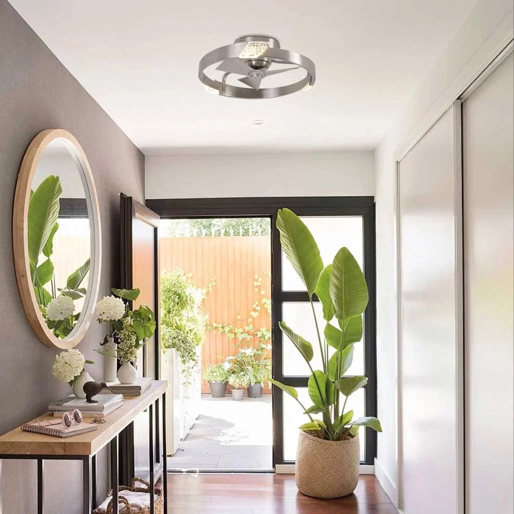 20 Inch Hazel Satin Nickel Flush Mount LED Ceiling Fan with Remote Control - Vaczon