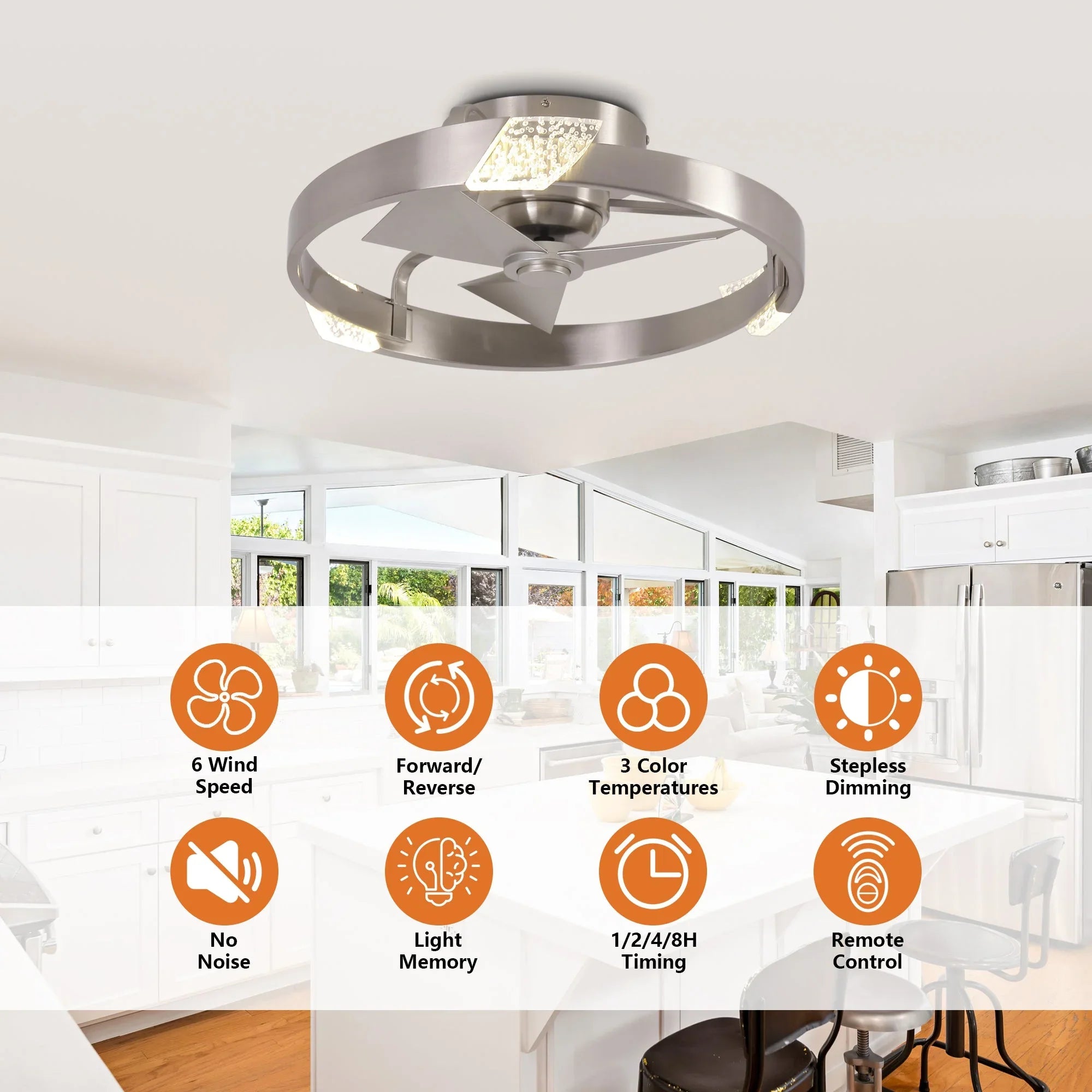 20 Inch Hazel Satin Nickel Flush Mount LED Ceiling Fan with Remote Control - Vaczon