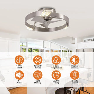 20 Inch Hazel Satin Nickel Flush Mount LED Ceiling Fan with Remote Control - Vaczon