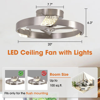 20 Inch Hazel Satin Nickel Flush Mount LED Ceiling Fan with Remote Control - Vaczon