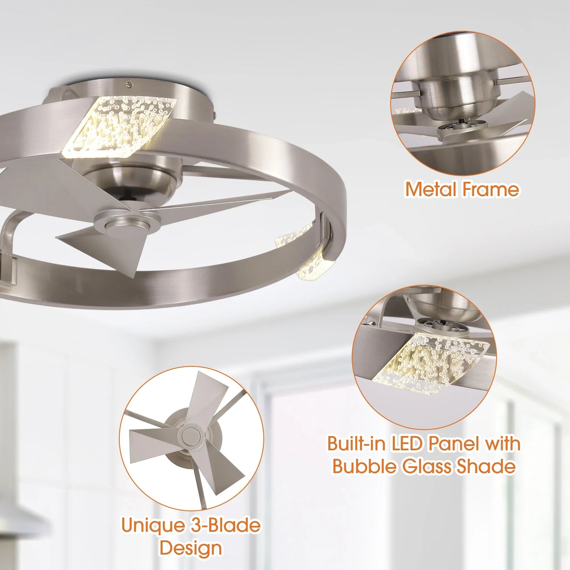 20 Inch Hazel Satin Nickel Flush Mount LED Ceiling Fan with Remote Control - Vaczon