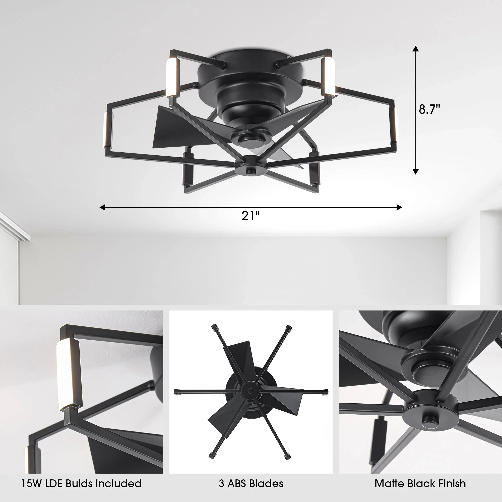 21 Inch Wade Black Industrial Flush Mount LED Ceiling Fan - Vaczon