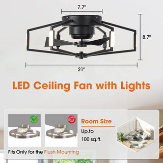 21 Inch Wade Black Industrial Flush Mount LED Ceiling Fan - Vaczon