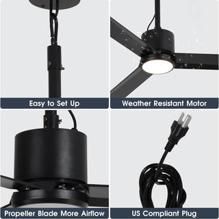 42 Inch Rhine Indoor/Wet Outdoor IP65 Black Anywhere Waterproof Ceiling Fan with LED Light and Convenient Hanging Hook