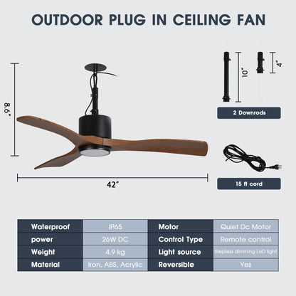 42 Inch Dniester IP65 Outdoor DC Motor Black Modern Hanging Buckle Downrod Ceiling Fan with Light