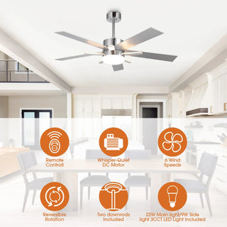 52 Inch Reversible Blade Ceiling Fan Dual LED Lights - Vaczon