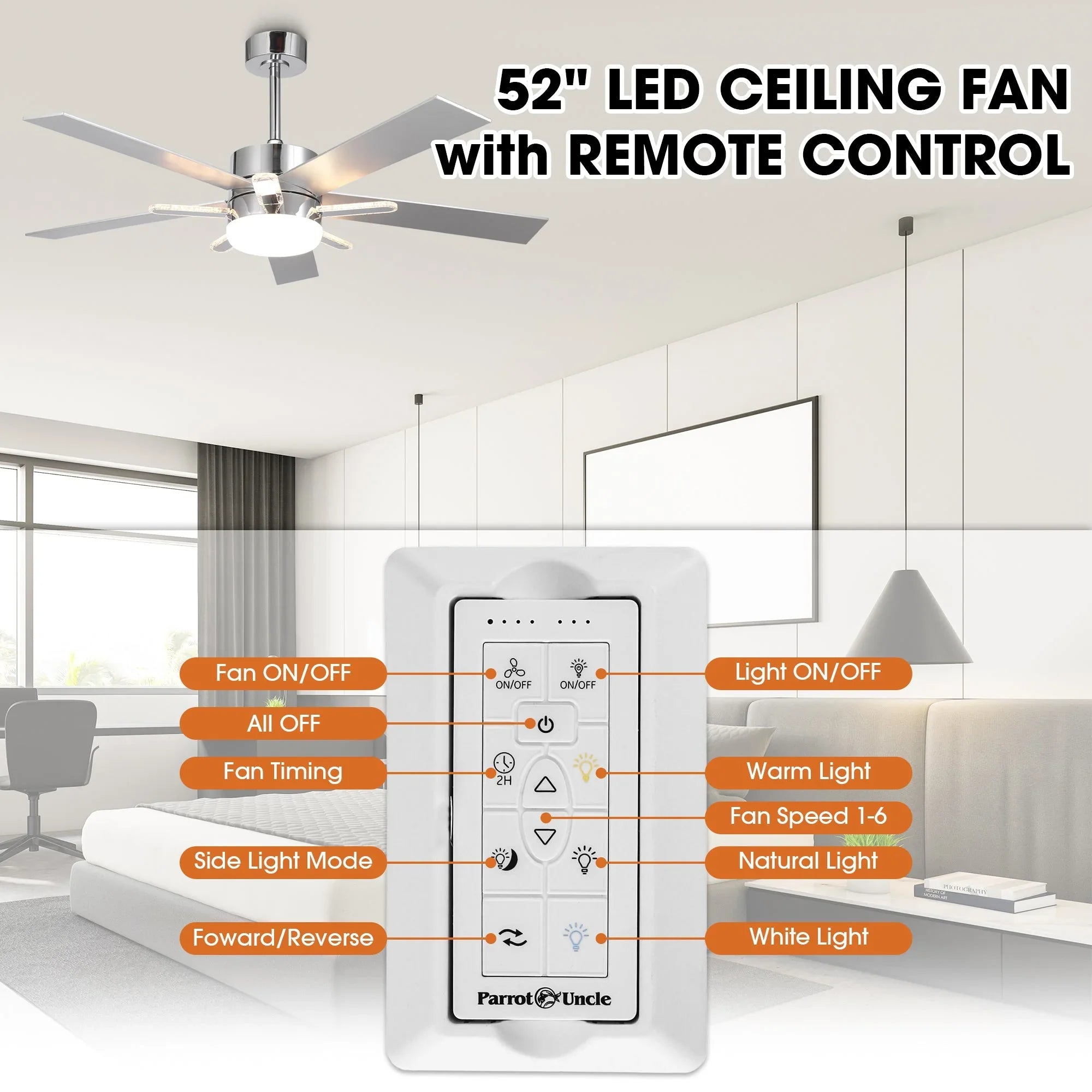 52 Inch Reversible Blade Ceiling Fan Dual LED Lights - Vaczon