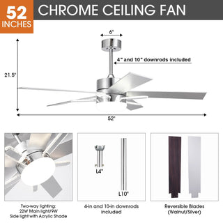 52 Inch Reversible Blade Ceiling Fan Dual LED Lights - Vaczon
