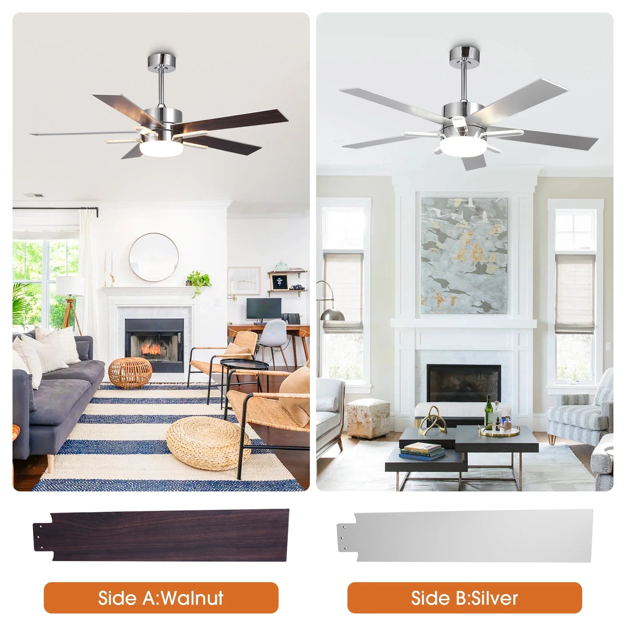 52 Inch Reversible Blade Ceiling Fan Dual LED Lights - Vaczon