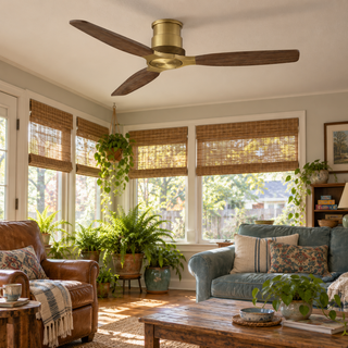 56" Soft Brass Solid Wood Blades Flush Mount Ceiling Fan