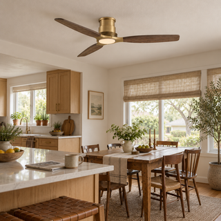 56" Soft Brass Solid Wood Blades Flush Mount Ceiling Fan