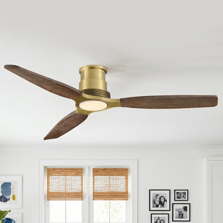 56" Soft Brass Solid Wood Blades Flush Mount Ceiling Fan