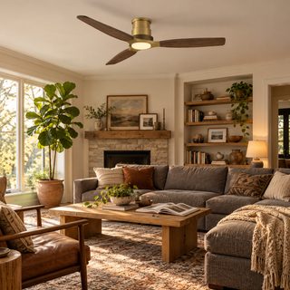 56" Soft Brass Solid Wood Blades Flush Mount Ceiling Fan