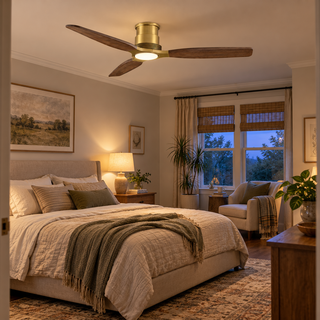 56" Soft Brass Solid Wood Blades Flush Mount Ceiling Fan