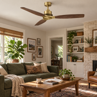 56" Soft Modern Brass Solid Wood Blades LED Ceiling Fan with Light