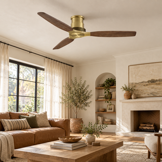 48 Inch Soft Brass Solid Wood Blades Flush Mount Ceiling Fan
