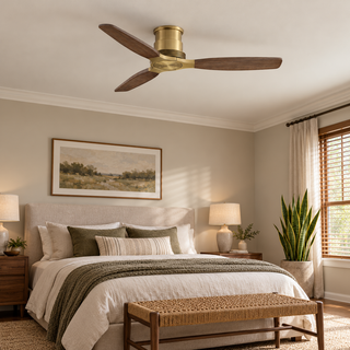 48 Inch Soft Brass Solid Wood Blades Flush Mount Ceiling Fan