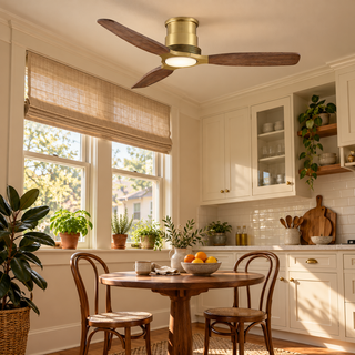 48 Inch Soft Brass Solid Wood Blades Flush Mount Ceiling Fan