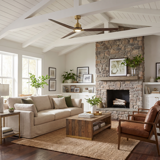 84" Soft Brass Solid Wood Blades Downrod Mount Large Ceiling Fan