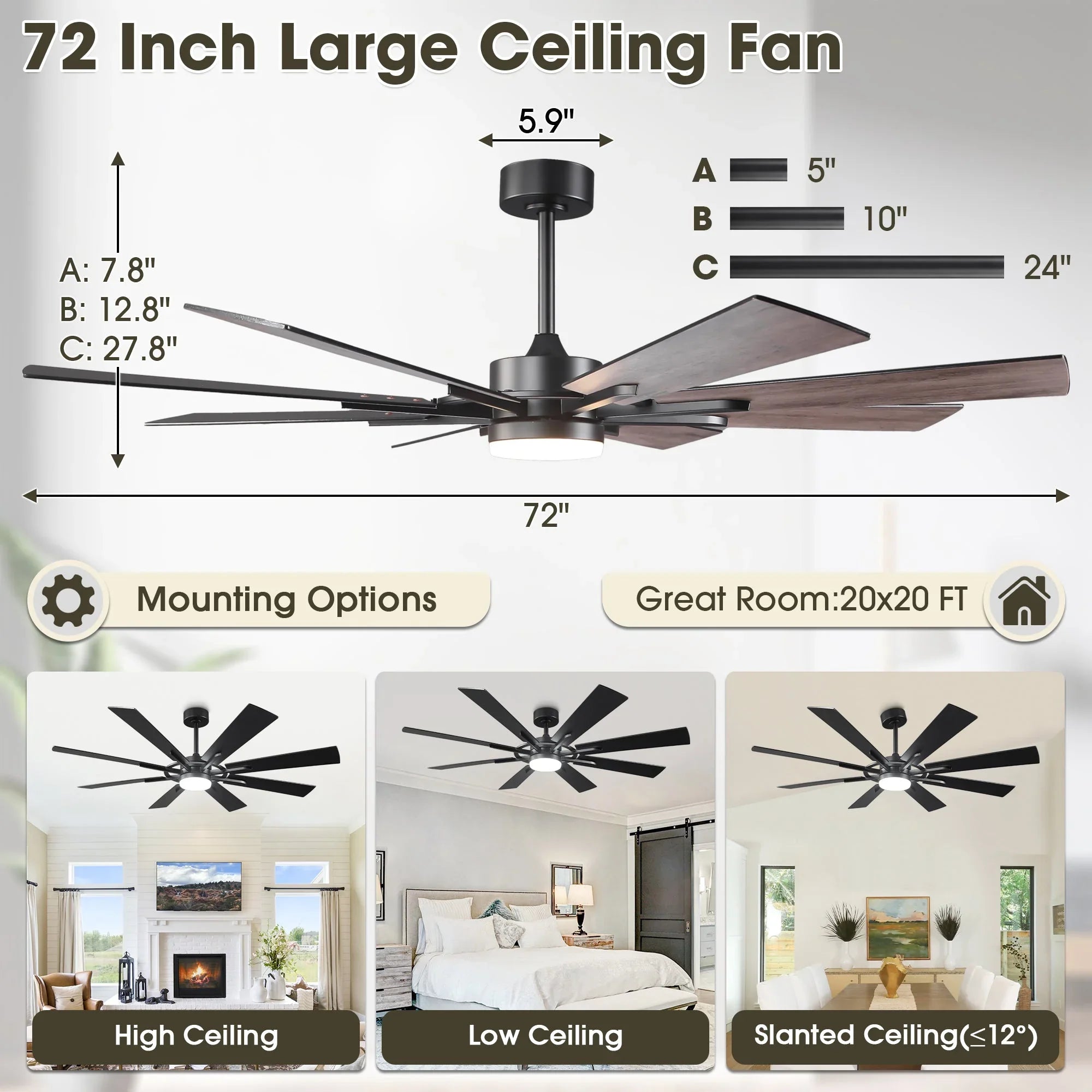 60 Inch 72 Inch Windmill Downrod Mount LED Ceiling Fan