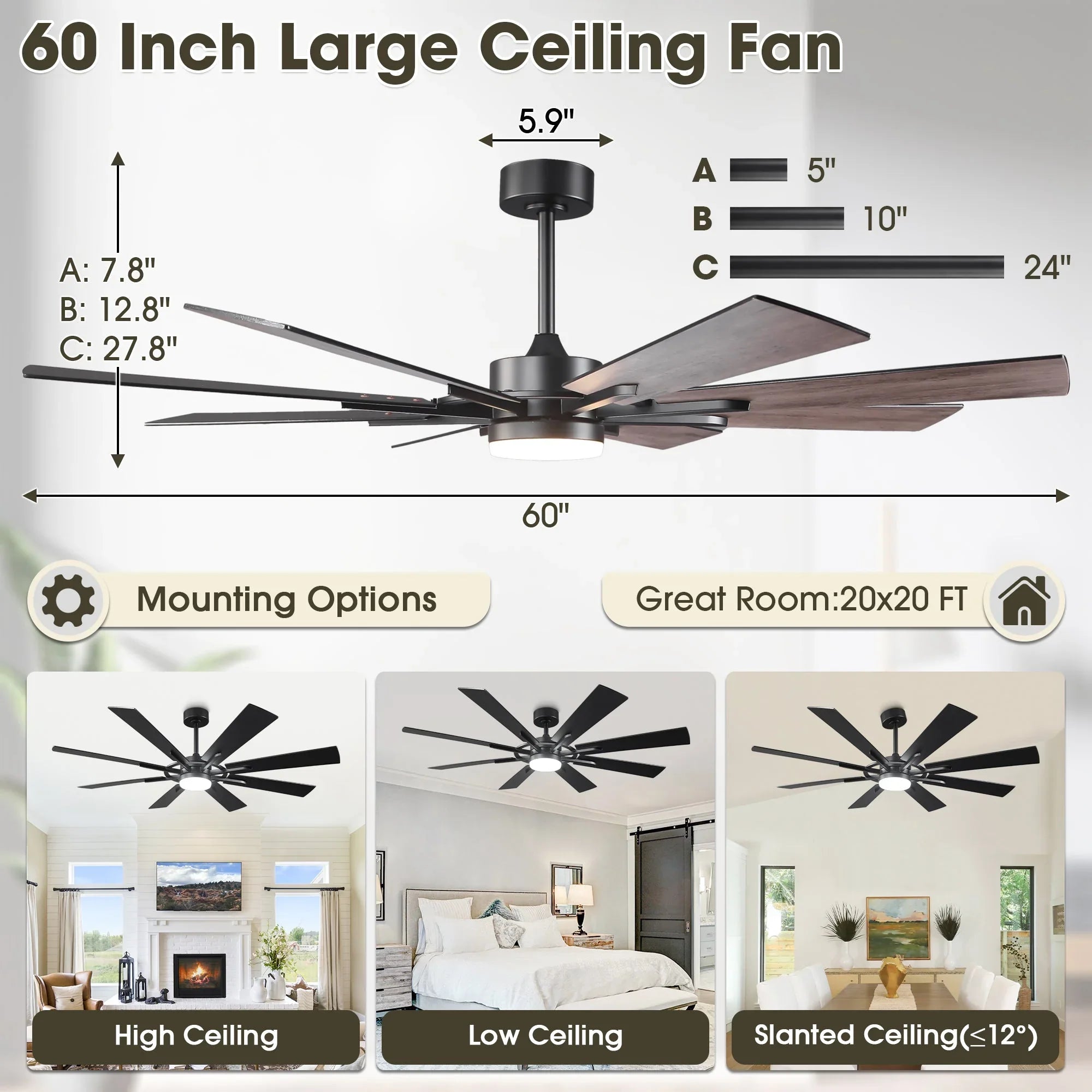 60 Inch 72 Inch Windmill Downrod Mount LED Ceiling Fan