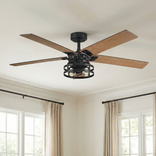 52" Prayag Industrial Black Downrod Mount Reversible Ceiling Fan with Lighting and Remote Control