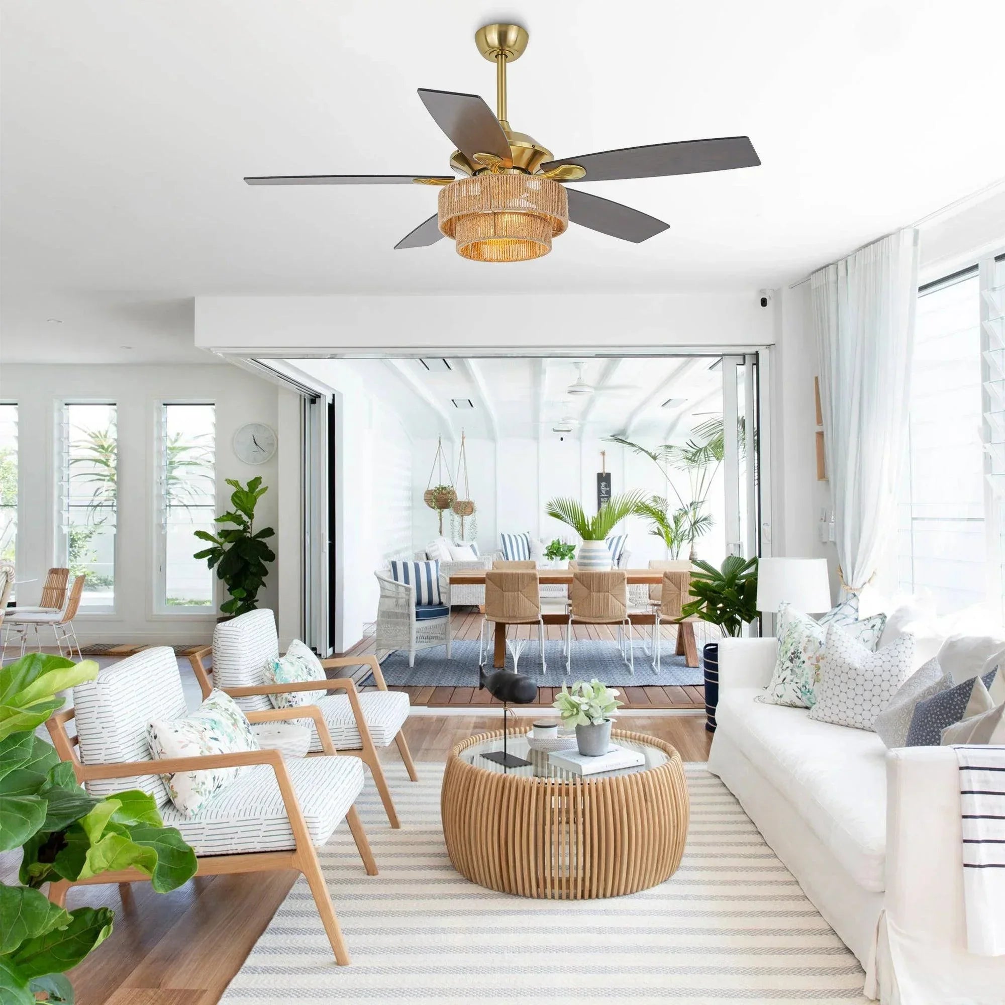 52 Inch Danube Farmhouse DC Motor Golden Downrod Ceiling Fan with Light