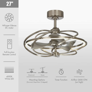 27" Bucholz Industrial DC Motor Brushed Nickel Downrod Mount Reversible Ceiling Fan with Lighting and Remote Control - Vaczon