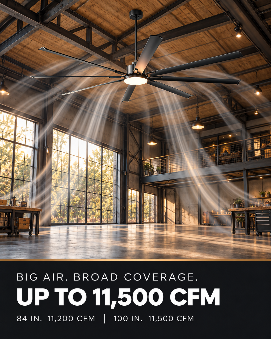 Vaczon 84" 100" Black LED Large HVLS Ceiling Fan with Remote Control