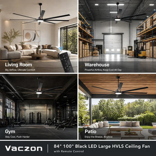 Vaczon 84" 100" Black LED Large HVLS Ceiling Fan with Remote Control