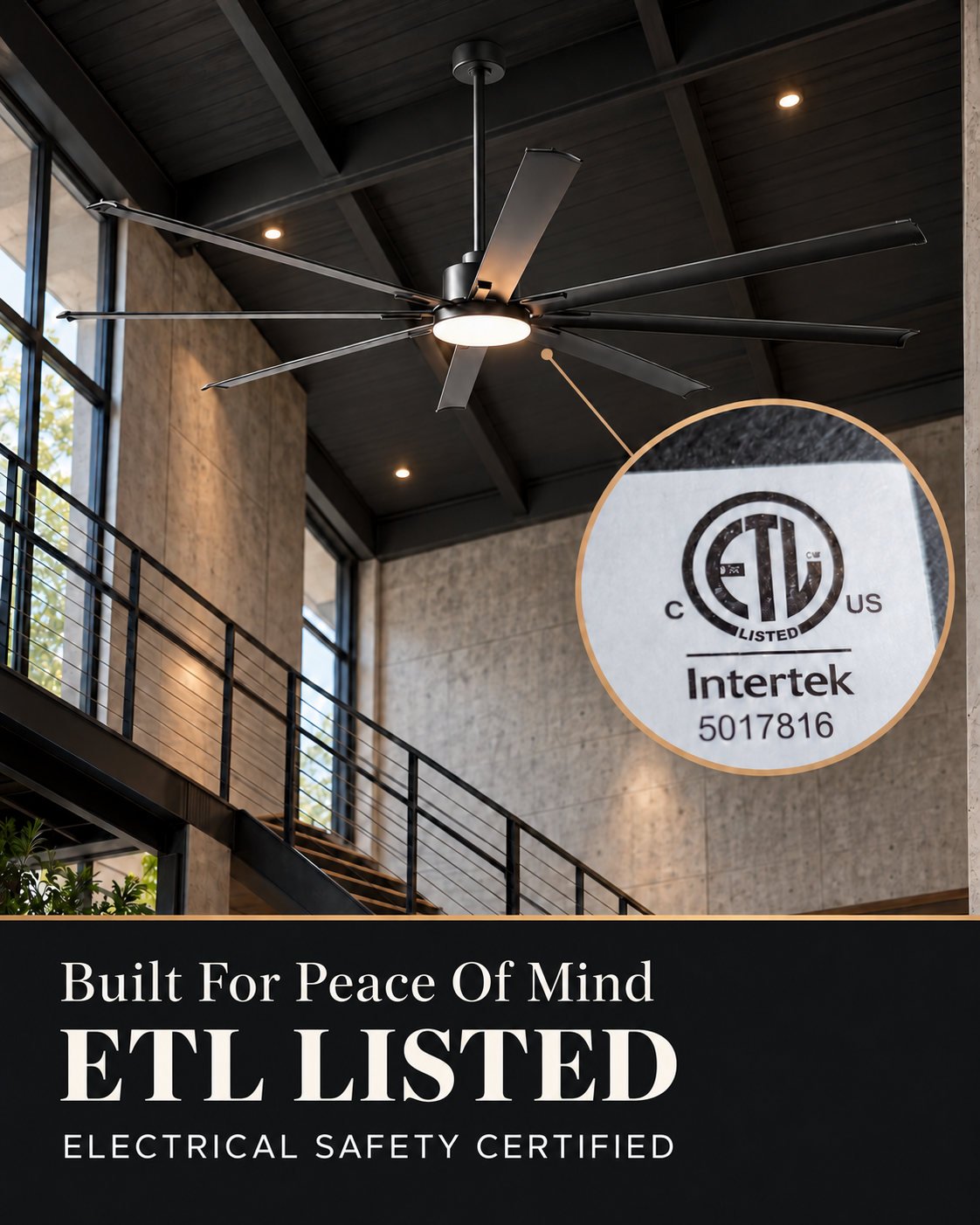 Vaczon 84" 100" Black LED Large HVLS Ceiling Fan with Remote Control