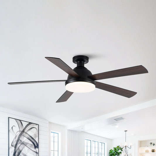 52" Modern Black Low Profile LED Ceiling Fan with Lights and Remote Control