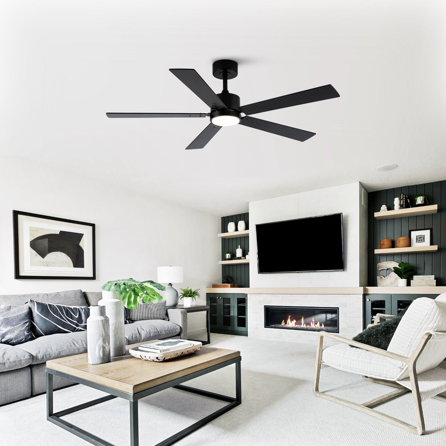 56" Modern Black Ceiling Fan with Lights and Remote Control, 5 Blades LED Ceiling Fan