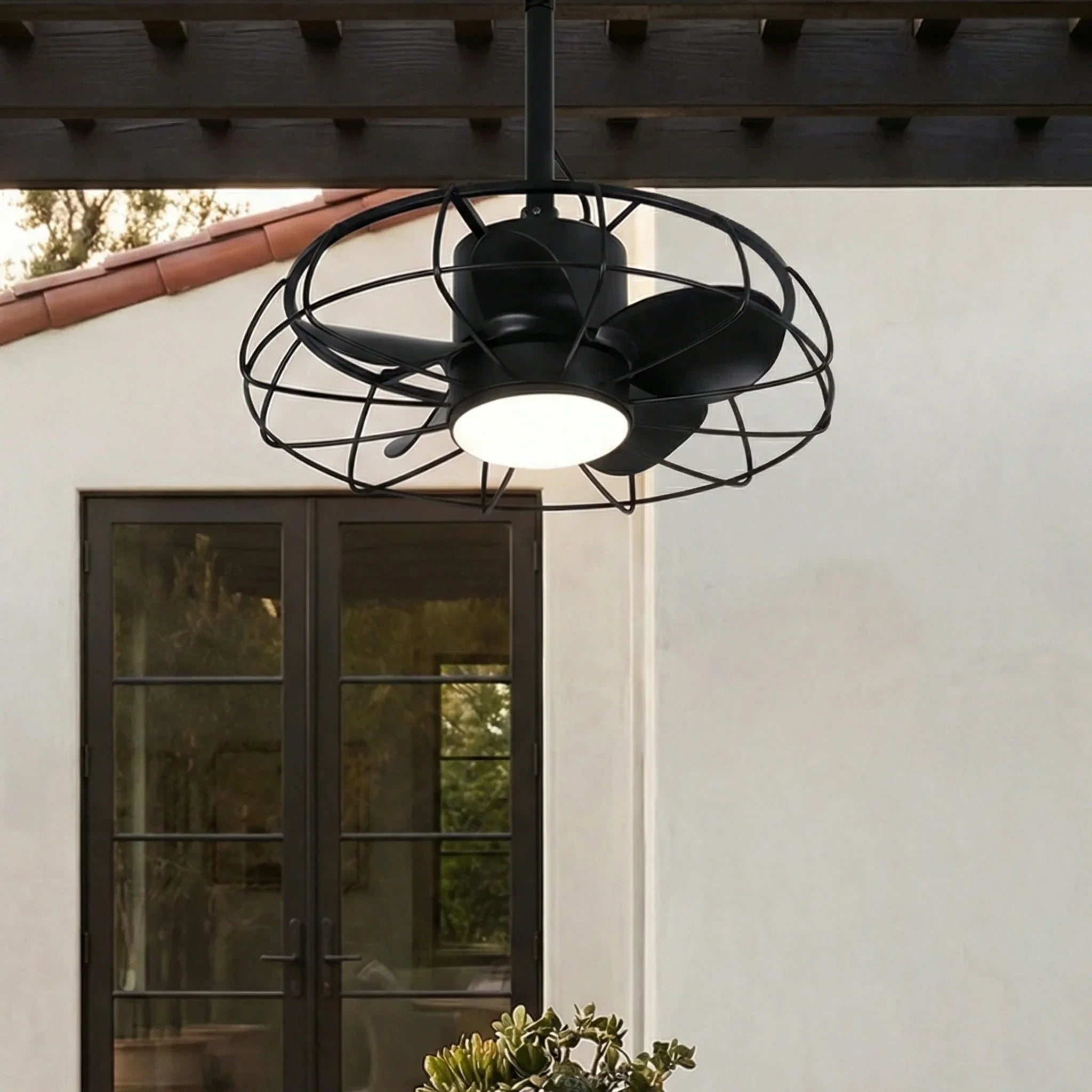 20 Inch Vistula Outdoor DC Motor Black Industrial Hanging Buckle Downrod Ceiling Fan with Light - Vaczon